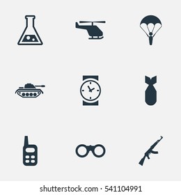 Set Of 9 Simple Army Icons. Can Be Found Such Elements As Watch, Nuke, Walkies And Other.