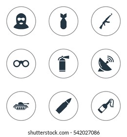 Set Of 9 Simple Army Icons. Can Be Found Such Elements As Field Glasses, Molotov, Signal Receiver And Other.