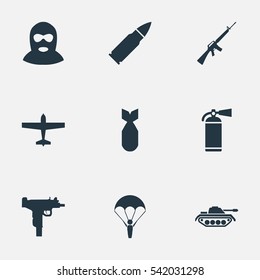 Set Of 9 Simple Army Icons. Can Be Found Such Elements As Nuke, Extinguisher, Paratrooper And Other.
