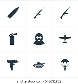 Set Of 9 Simple Army Icons. Can Be Found Such Elements As Ammunition, Extinguisher, Air Bomber And Other.