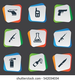 Set Of 9 Simple Army Icons. Can Be Found Such Elements As Cold Weapon, Walkies, Rifle Gun And Other.