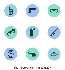 Set Of 9 Simple Army Icons. Can Be Found Such Elements As Rifle Gun, Pistol, Extinguisher And Other.