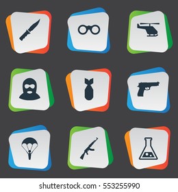 Set Of 9 Simple Army Icons. Can Be Found Such Elements As Paratrooper, Kalashnikov, Helicopter And Other.