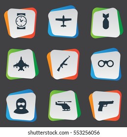Set Of 9 Simple Army Icons. Can Be Found Such Elements As Terrorist, Field Glasses, Pistol And Other.