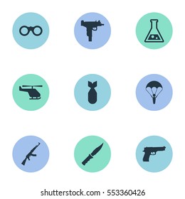 Set Of 9 Simple Army Icons. Can Be Found Such Elements As Helicopter, Pistol, Chemistry And Other.