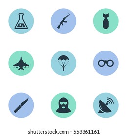 Set Of 9 Simple Army Icons. Can Be Found Such Elements As Kalashnikov, Field Glasses, Signal Receiver And Other.