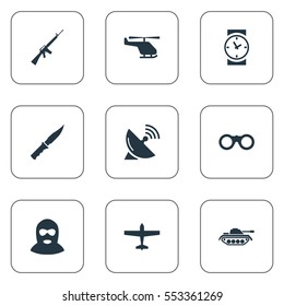 Set Of 9 Simple Army Icons. Can Be Found Such Elements As Rifle Gun, Terrorist, Watch And Other.