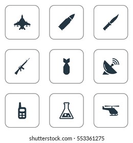 Set Of 9 Simple Army Icons. Can Be Found Such Elements As Sky Force, Nuke, Rifle Gun And Other.