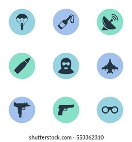 Set Of 9 Simple Army Icons. Can Be Found Such Elements As Firearm, Paratrooper, Terrorist And Other.