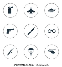 Set Of 9 Simple Army Icons. Can Be Found Such Elements As Cold Weapon, Kalashnikov, Heavy Weapon And Other.