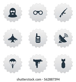 Set Of 9 Simple Army Icons. Can Be Found Such Elements As Paratrooper, Walkies, Signal Receiver And Other.