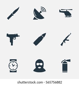 Set Of 9 Simple Army Icons. Can Be Found Such Elements As Firearm, Kalashnikov, Signal Receiver And Other.