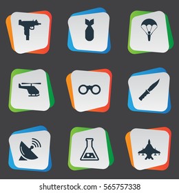 Set Of 9 Simple Army Icons. Can Be Found Such Elements As Firearm, Chemistry, Nuke And Other.