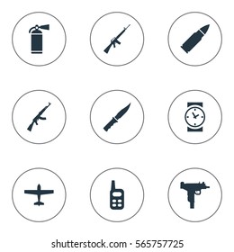 Set Of 9 Simple Army Icons. Can Be Found Such Elements As Walkies, Watch, Cold Weapon And Other.