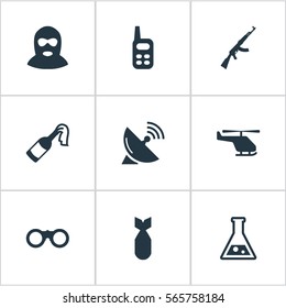 Set Of 9 Simple Army Icons. Can Be Found Such Elements As Molotov, Helicopter, Terrorist And Other.
