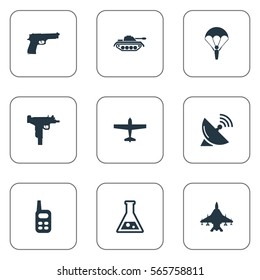 Set Of 9 Simple Army Icons. Can Be Found Such Elements As Air Bomber, Firearm, Chemistry And Other.
