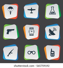 Set Of 9 Simple Army Icons. Can Be Found Such Elements As Signal Receiver, Watch, Air Bomber And Other.