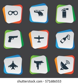 Set Of 9 Simple Army Icons. Can Be Found Such Elements As Sky Force, Pistol, Signal Receiver And Other.