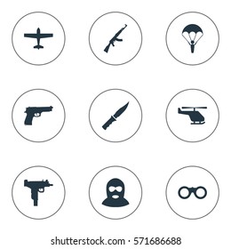 Set Of 9 Simple Army Icons. Can Be Found Such Elements As Pistol, Paratrooper, Helicopter And Other.