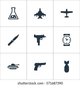 Set Of 9 Simple Army Icons. Can Be Found Such Elements As Chemistry, Heavy Weapon, Air Bomber And Other.