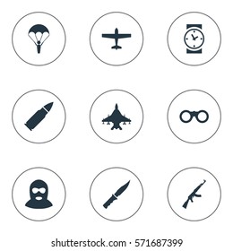 Set Of 9 Simple Army Icons. Can Be Found Such Elements As Terrorist, Paratrooper, Ammunition And Other.