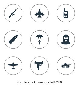 Set Of 9 Simple Army Icons. Can Be Found Such Elements As Ammunition, Terrorist, Rifle Gun And Other.