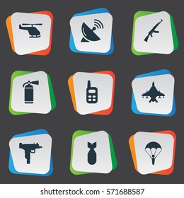 Set Of 9 Simple Army Icons. Can Be Found Such Elements As Sky Force, Extinguisher, Paratrooper And Other.