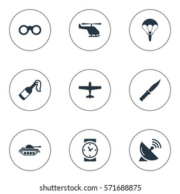 Set Of 9 Simple Army Icons. Can Be Found Such Elements As Signal Receiver, Heavy Weapon, Air Bomber And Other.