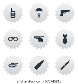 Set Of 9 Simple Army Icons. Can Be Found Such Elements As Helicopter, Heavy Weapon, Nuke And Other.