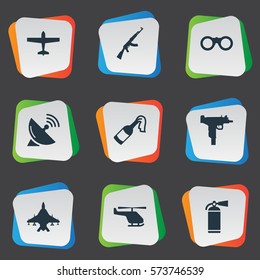Set Of 9 Simple Army Icons. Can Be Found Such Elements As Sky Force, Field Glasses, Firearm And Other.