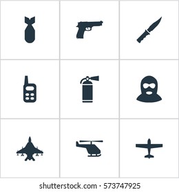Set Of 9 Simple Army Icons. Can Be Found Such Elements As Terrorist, Pistol, Cold Weapon And Other.