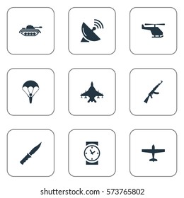 Set Of 9 Simple Army Icons. Can Be Found Such Elements As Watch, Heavy Weapon, Signal Receiver And Other.