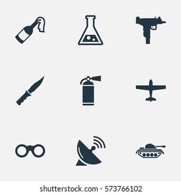 Set Of 9 Simple Army Icons. Can Be Found Such Elements As Firearm, Air Bomber, Extinguisher And Other.