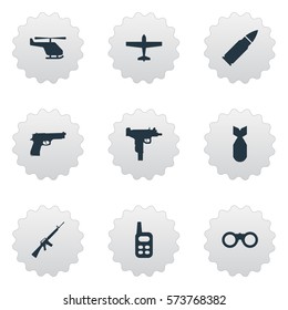 Set Of 9 Simple Army Icons. Can Be Found Such Elements As Nuke, Walkies, Ammunition And Other.