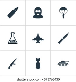 Set Of 9 Simple Army Icons. Can Be Found Such Elements As Nuke, Heavy Weapon, Paratrooper And Other.
