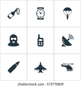 Set Of 9 Simple Army Icons. Can Be Found Such Elements As Walkies, Paratrooper, Sky Force And Other.