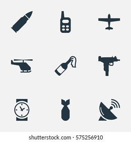 Set Of 9 Simple Army Icons. Can Be Found Such Elements As Firearm, Ammunition, Air Bomber And Other.