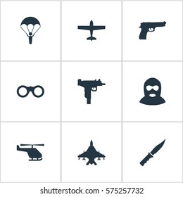 Set Of 9 Simple Army Icons. Can Be Found Such Elements As Pistol, Sky Force, Firearm And Other.