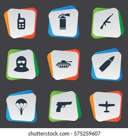 Set Of 9 Simple Army Icons. Can Be Found Such Elements As Terrorist, Pistol, Extinguisher And Other.
