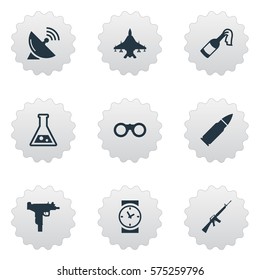 Set Of 9 Simple Army Icons. Can Be Found Such Elements As Ammunition, Firearm, Rifle Gun And Other.