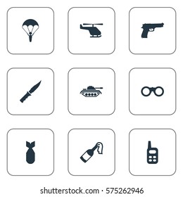 Set Of 9 Simple Army Icons. Can Be Found Such Elements As Field Glasses, Cold Weapon, Helicopter And Other.