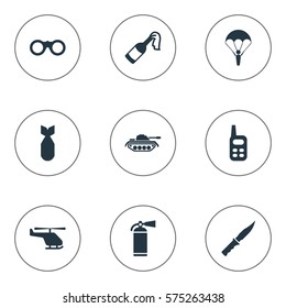 Set Of 9 Simple Army Icons. Can Be Found Such Elements As Cold Weapon, Heavy Weapon, Molotov And Other.