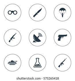 Set Of 9 Simple Army Icons. Can Be Found Such Elements As Kalashnikov, Field Glasses, Signal Receiver And Other.
