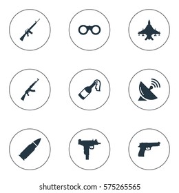 Set Of 9 Simple Army Icons. Can Be Found Such Elements As Pistol, Signal Receiver, Field Glasses And Other.