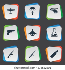 Set Of 9 Simple Army Icons. Can Be Found Such Elements As Rifle Gun, Ammunition, Sky Force And Other.