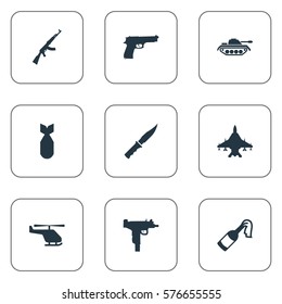 Set Of 9 Simple Army Icons. Can Be Found Such Elements As Nuke, Heavy Weapon, Cold Weapon And Other.