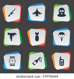 Set Of 9 Simple Army Icons. Can Be Found Such Elements As Terrorist, Rifle Gun, Watch And Other.