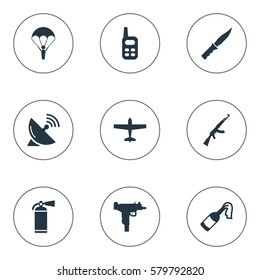 Set Of 9 Simple Army Icons. Can Be Found Such Elements As Paratrooper, Extinguisher, Firearm And Other.