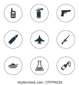 Set Of 9 Simple Army Icons. Can Be Found Such Elements As Rifle Gun, Molotov, Ammunition And Other.