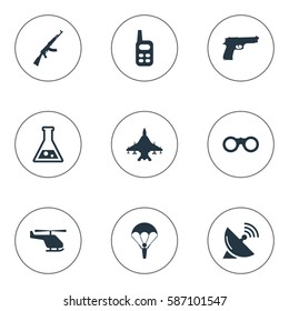 Set Of 9 Simple Army Icons. Can Be Found Such Elements As Kalashnikov, Pistol, Helicopter And Other. Set Of 9 Simple Army Icons. Can Be Found Such Elements As Kalashnikov, Pistol, Helicopter And Other.